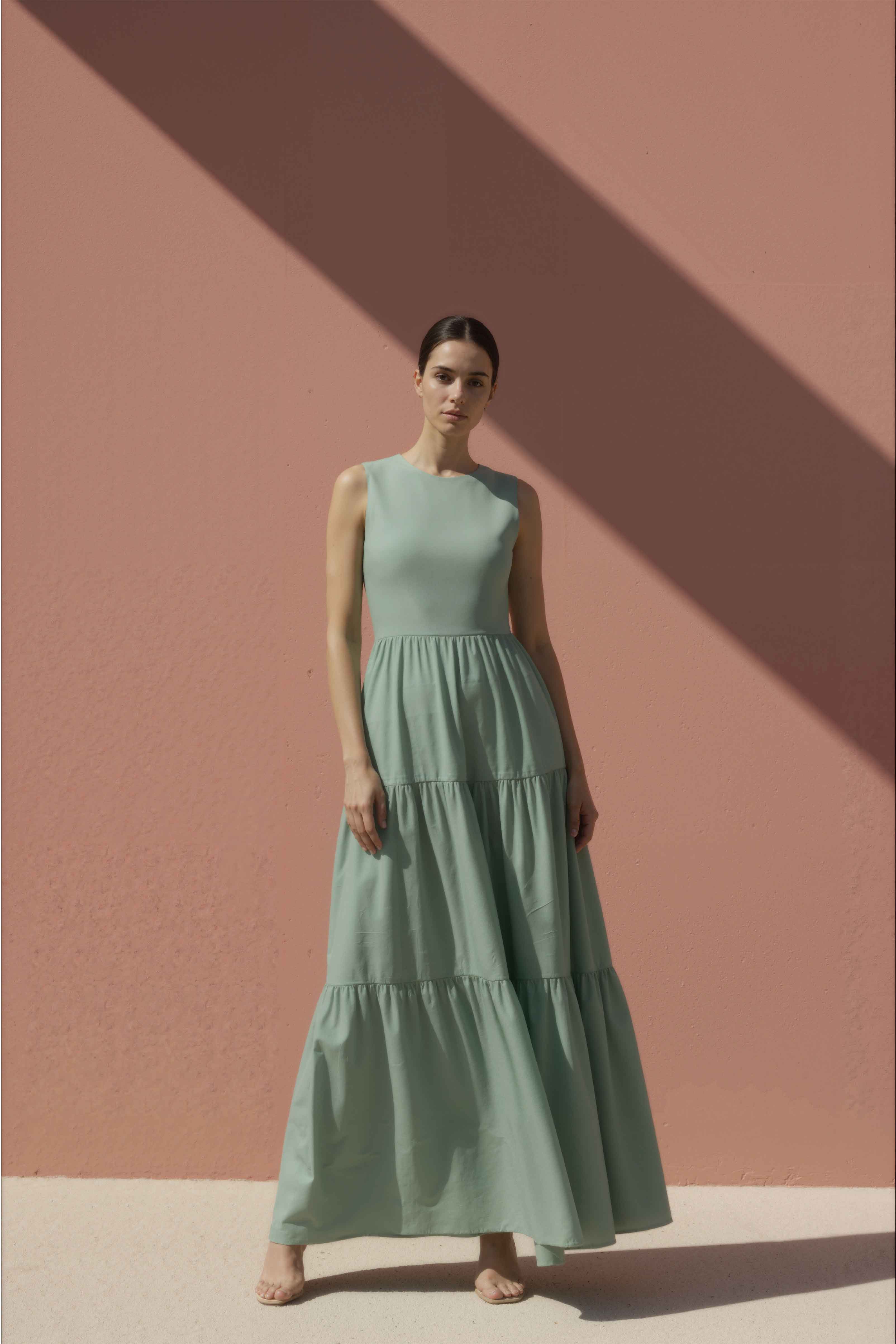 Women in Sage Green High-Neck Tiered Cotton Maxi Dress