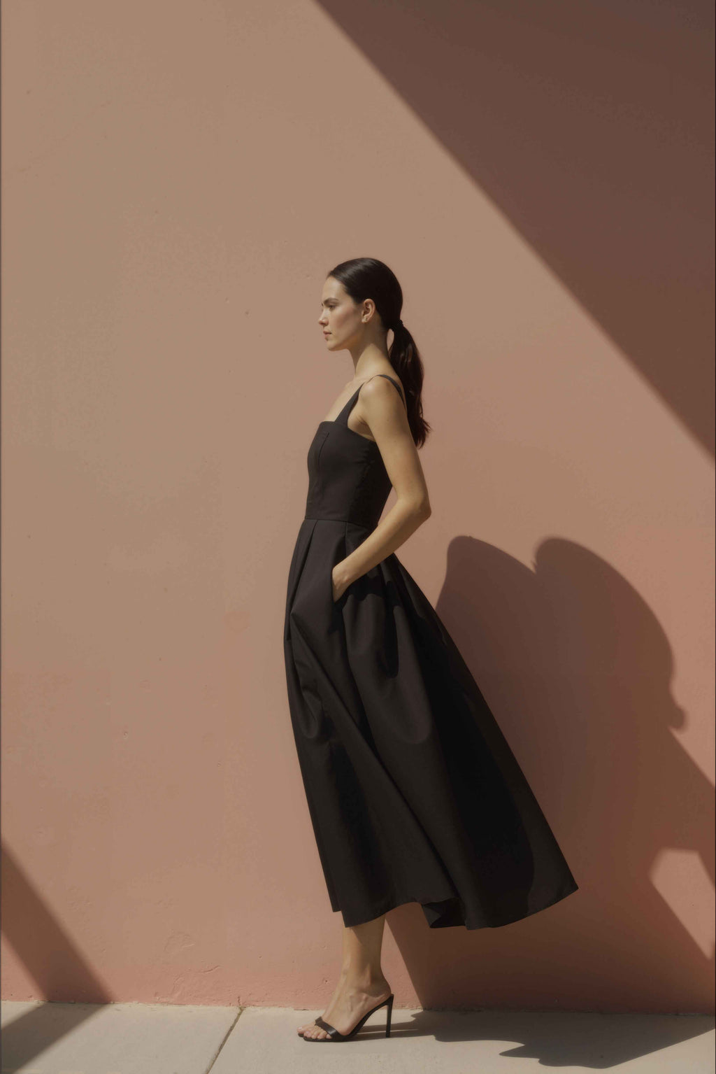 Women in Noir Black Gathered-Strap Cotton Midi Dress