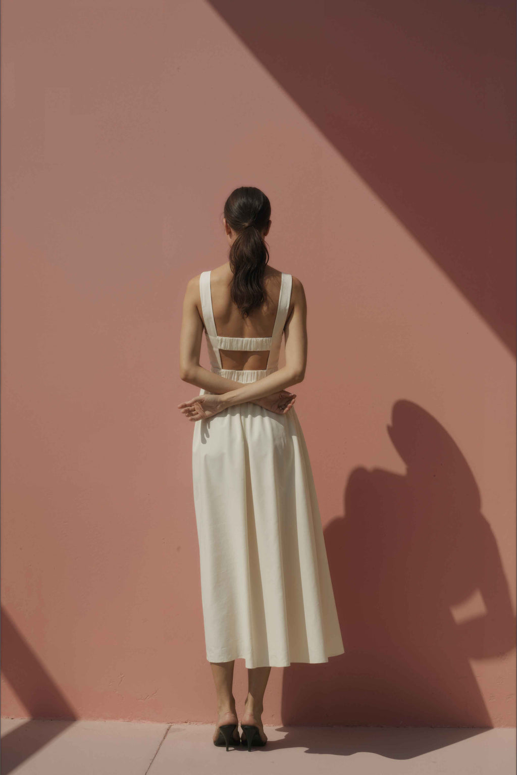 Women in Halo Cream Gathered-Strap Cotton Midi Dress