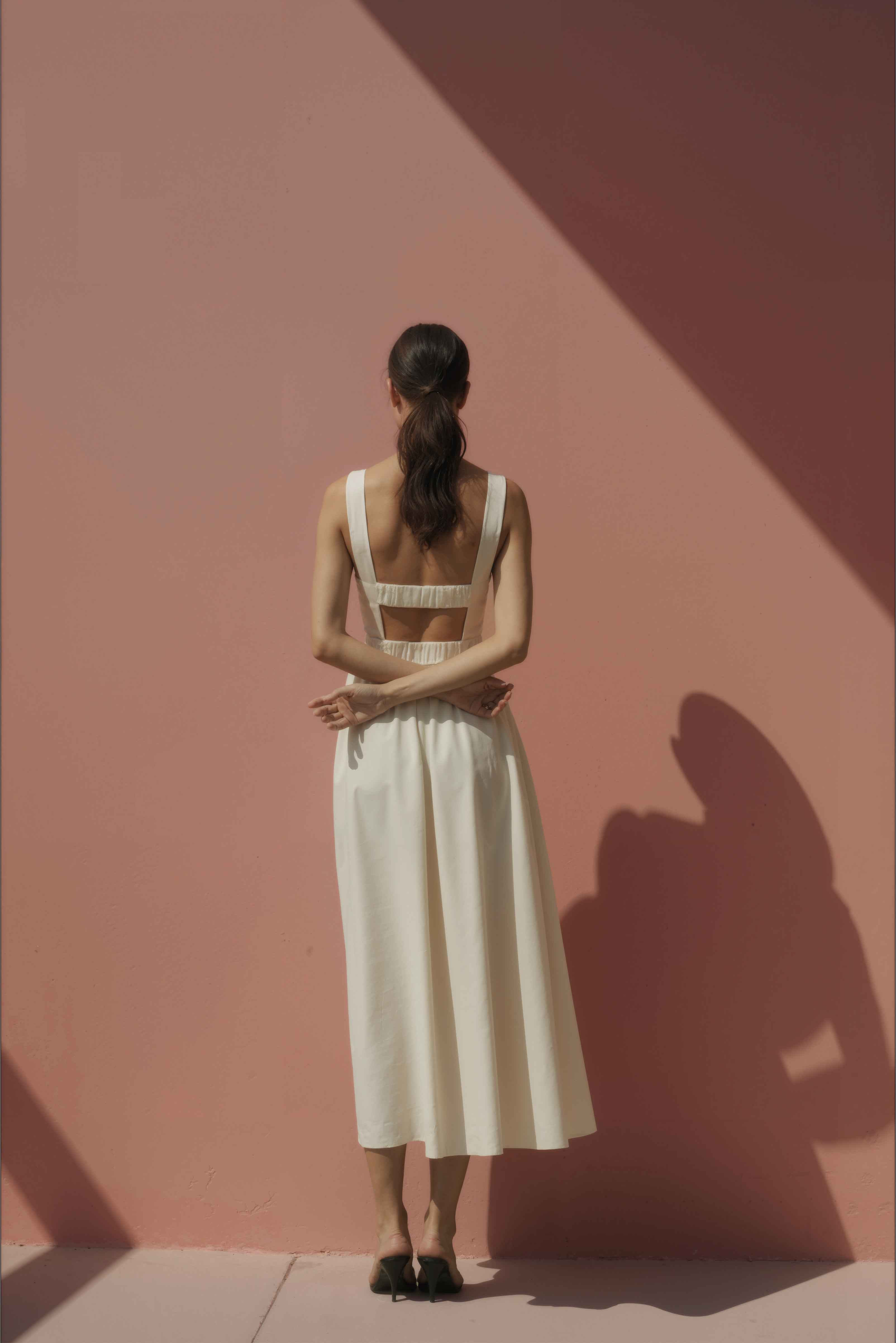 Women in Halo Cream Gathered-Strap Cotton Midi Dress