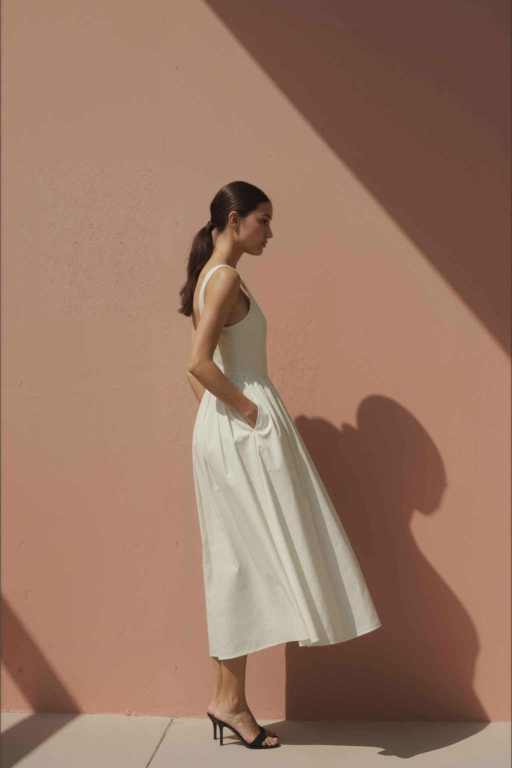 Women in Halo Cream Gathered-Strap Cotton Midi Dress