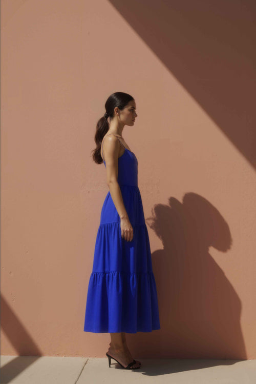 Women in Cobalt Blue Tiered Midi Cotton Dress