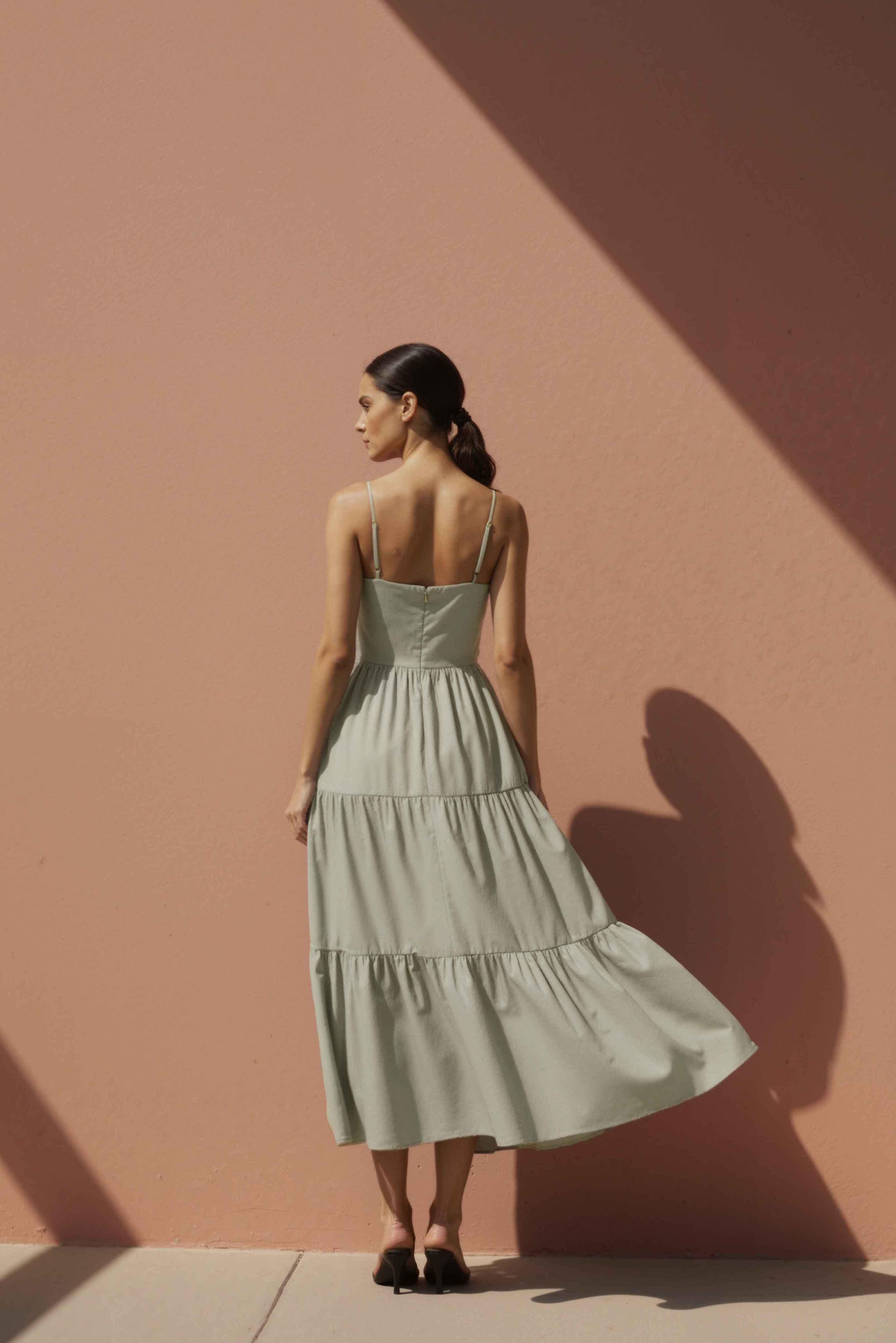 Women in Lumen Sand Tiered Midi Cotton Dress