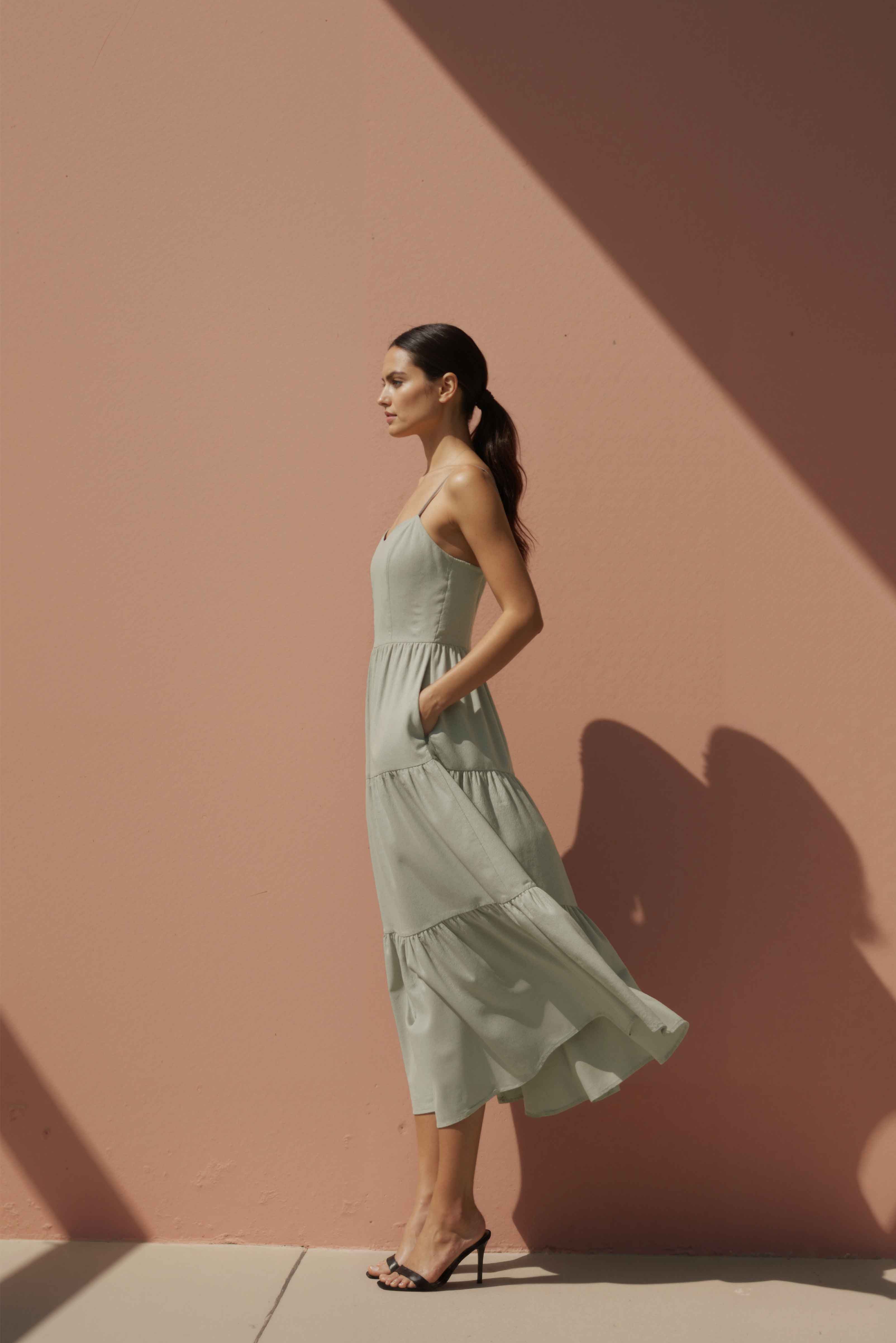 Women in Lumen Sand Tiered Midi Cotton Dress