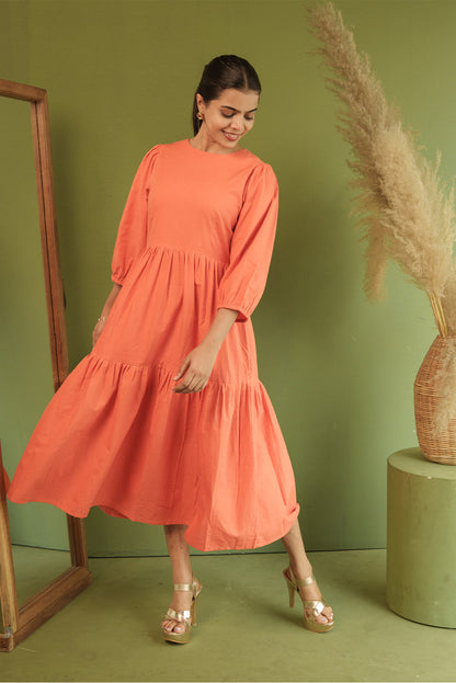 Tiered Tangerine Midi Poplin Sundress