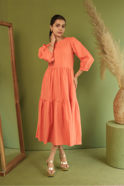 Tiered Tangerine Midi Poplin Sundress