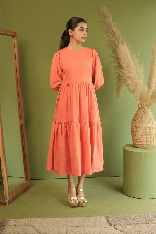Tiered Tangerine Midi Poplin Sundress