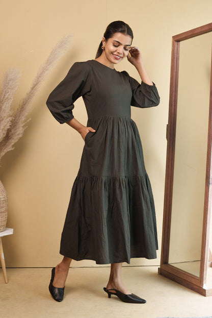 Tiered Charcoal Midi Poplin Sundress