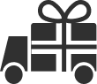Black and white icon of a truck with a gift box and bow on top