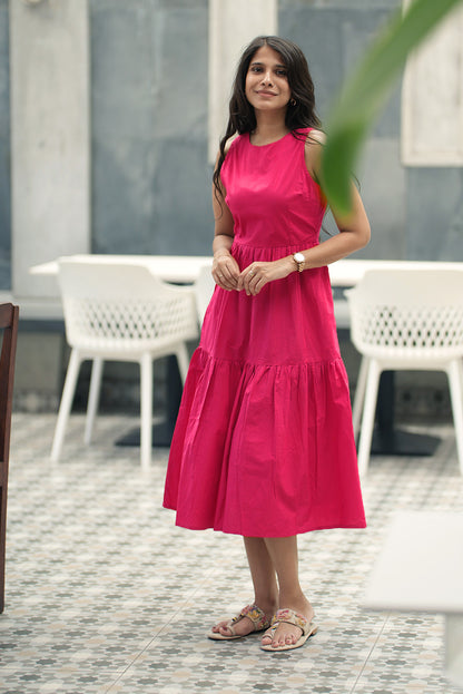 Tiered Fuchsia Pink Midi Poplin Sundress