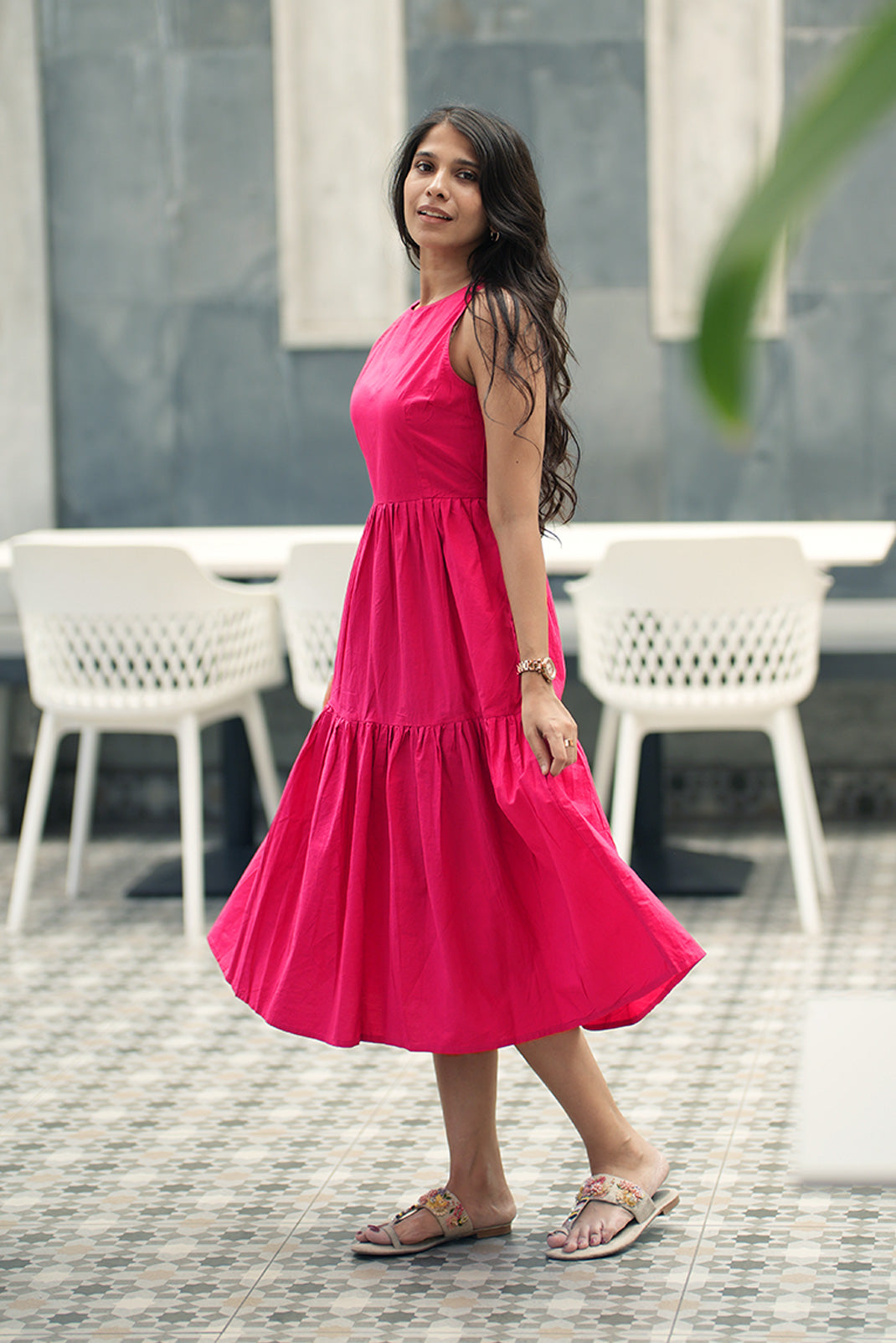 Tiered Fuchsia Pink Midi Poplin Sundress