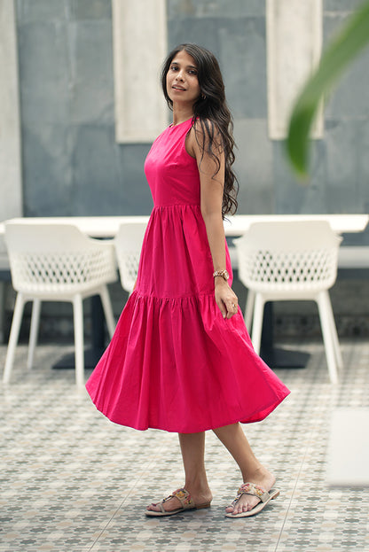 Tiered Fuchsia Pink Midi Poplin Sundress