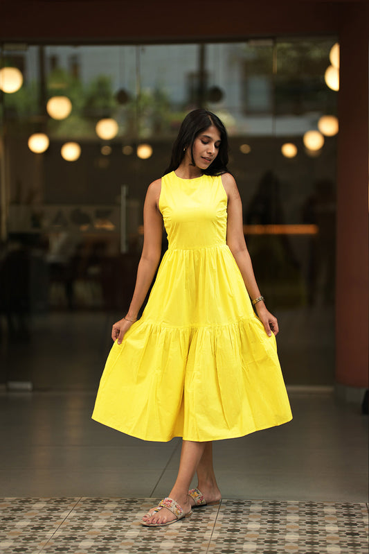 Tiered Lemon Yellow Midi Poplin Sundress