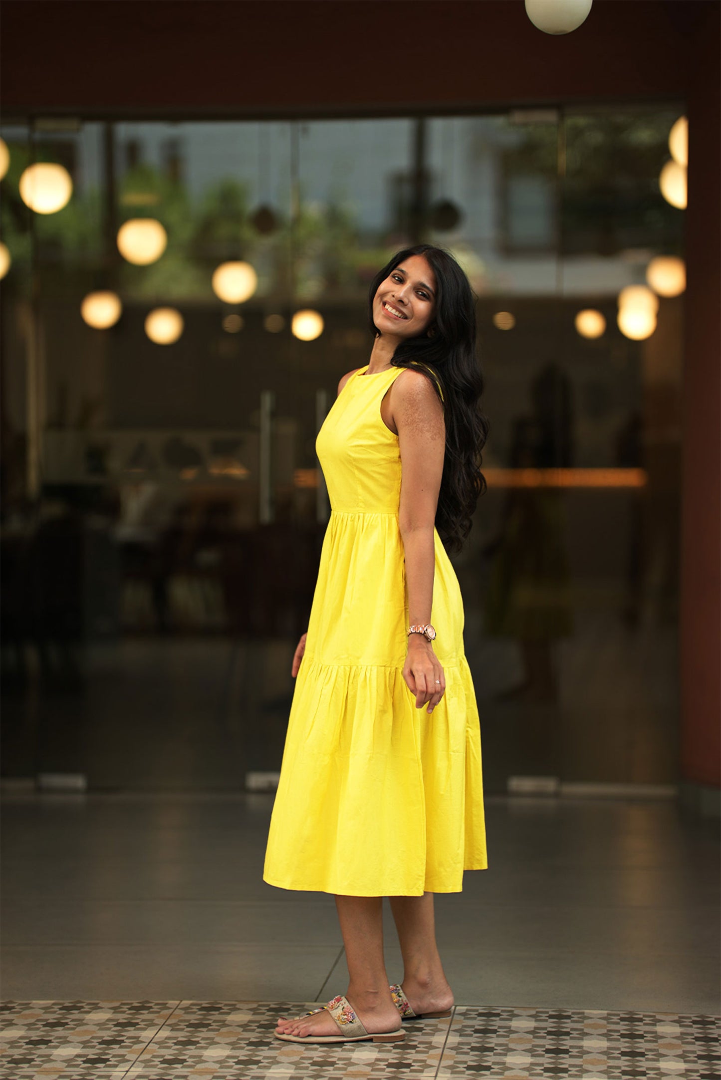 Tiered Lemon Yellow Midi Poplin Sundress