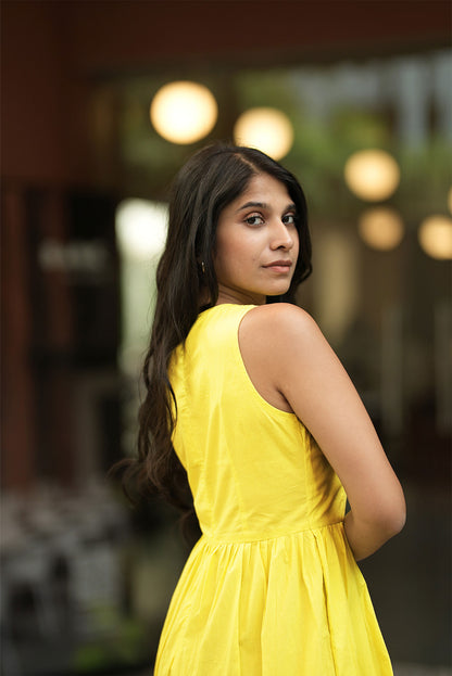 Tiered Lemon Yellow Midi Poplin Sundress