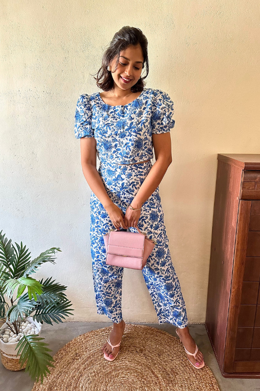 Porcelain Blue Floral Puff Sleeve Crop Top & Pant Co-Ord Set