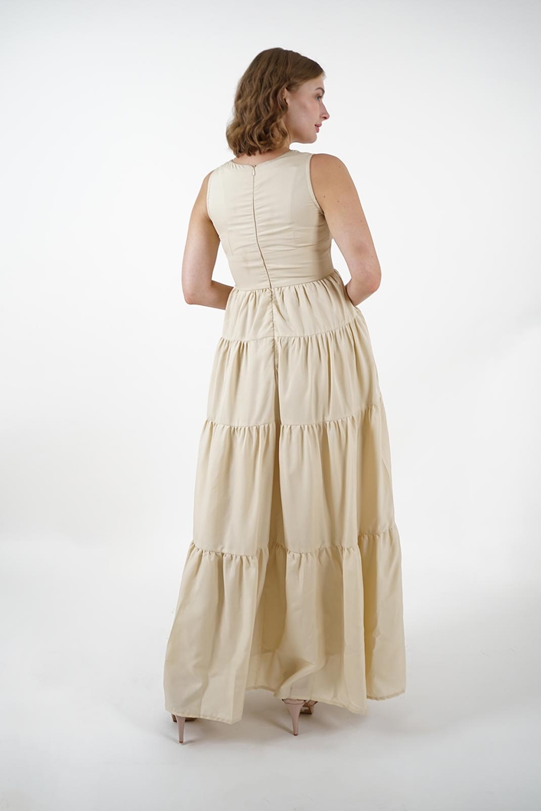 Cream Tiered V-Neck Maxi Dress | Anpret