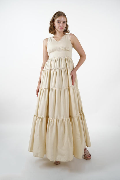 Cream Tiered V-Neck Maxi Dress | Anpret