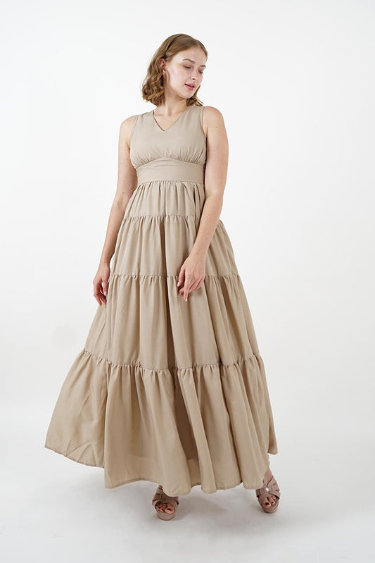 Sand Tiered V-Neck Maxi Dress | Anpret