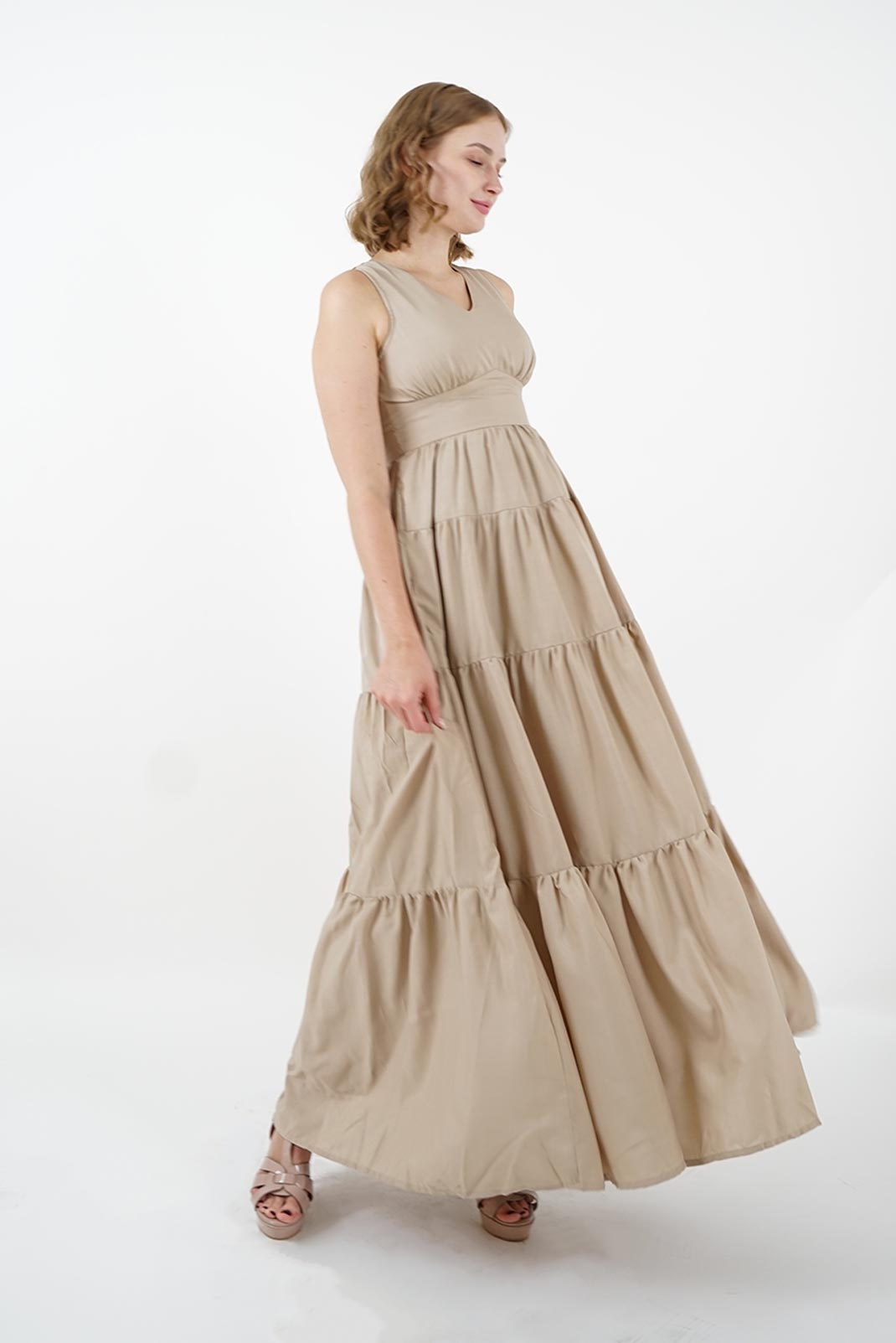 Sand Tiered V-Neck Maxi Dress | Anpret