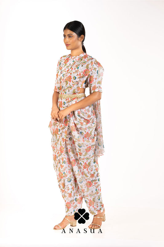 Cream Floral Dhoti Saree Set | Anasua