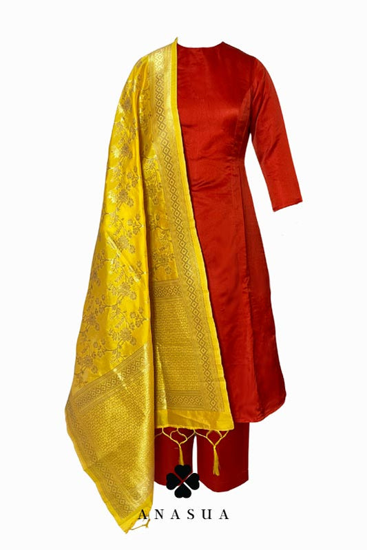 Red Silk A-Line Kurta Set with Mustard Yellow Banaras Dupatta | Anasua