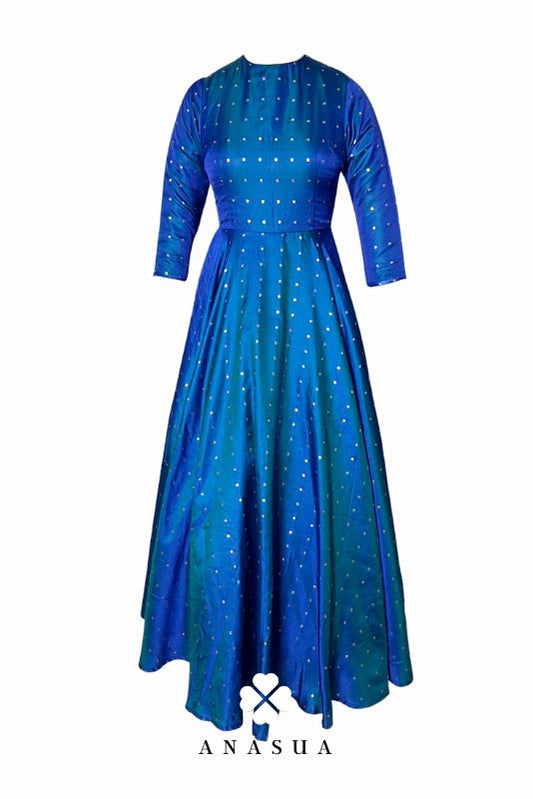 Royal Blue Silk Butti Floor Length Flare Anarkali Set | Anasua